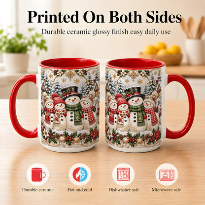 #pl[15oz|Red] Elegant Snowman Coffee Mug, Golden Christmas Family Mug, Ceramic Cup