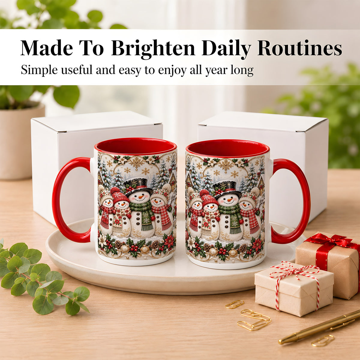 #pl[15oz|Red] Elegant Snowman Coffee Mug, Golden Christmas Family Mug, Ceramic Cup