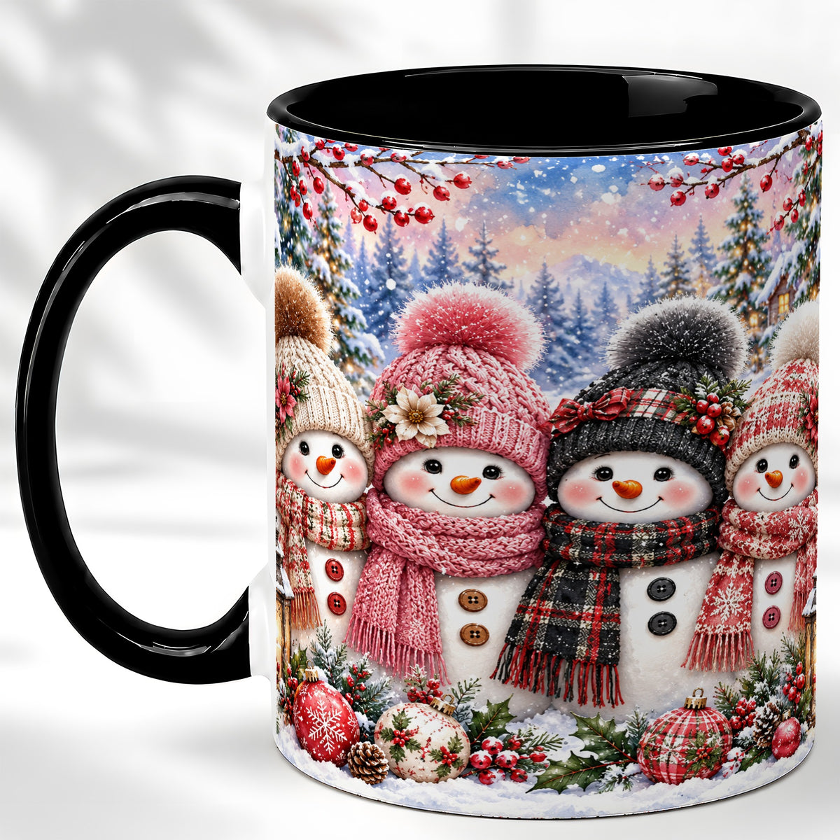 #pl[11oz|Black] Cozy Snowman Coffee Mug, Plaid Winter Friends Mug, Ceramic Cup