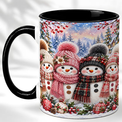 #pl[11oz|Black] Cozy Snowman Coffee Mug, Plaid Winter Friends Mug, Ceramic Cup