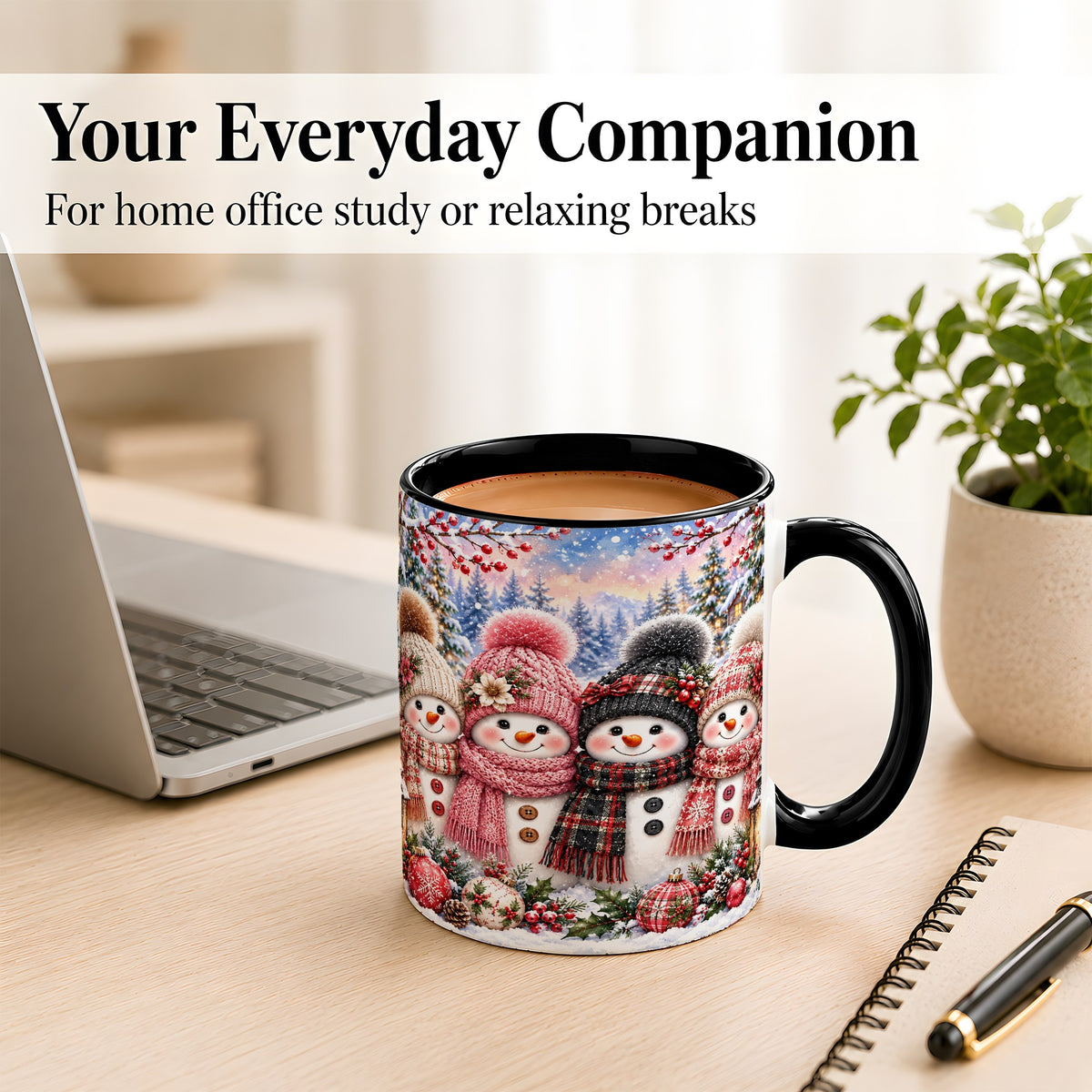 #pl[11oz|Black] Cozy Snowman Coffee Mug, Plaid Winter Friends Mug, Ceramic Cup
