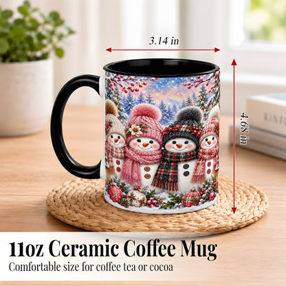 #pl[11oz|Black] Cozy Snowman Coffee Mug, Plaid Winter Friends Mug, Ceramic Cup