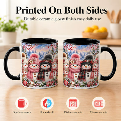#pl[11oz|Black] Cozy Snowman Coffee Mug, Plaid Winter Friends Mug, Ceramic Cup