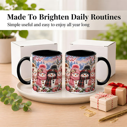 #pl[11oz|Black] Cozy Snowman Coffee Mug, Plaid Winter Friends Mug, Ceramic Cup