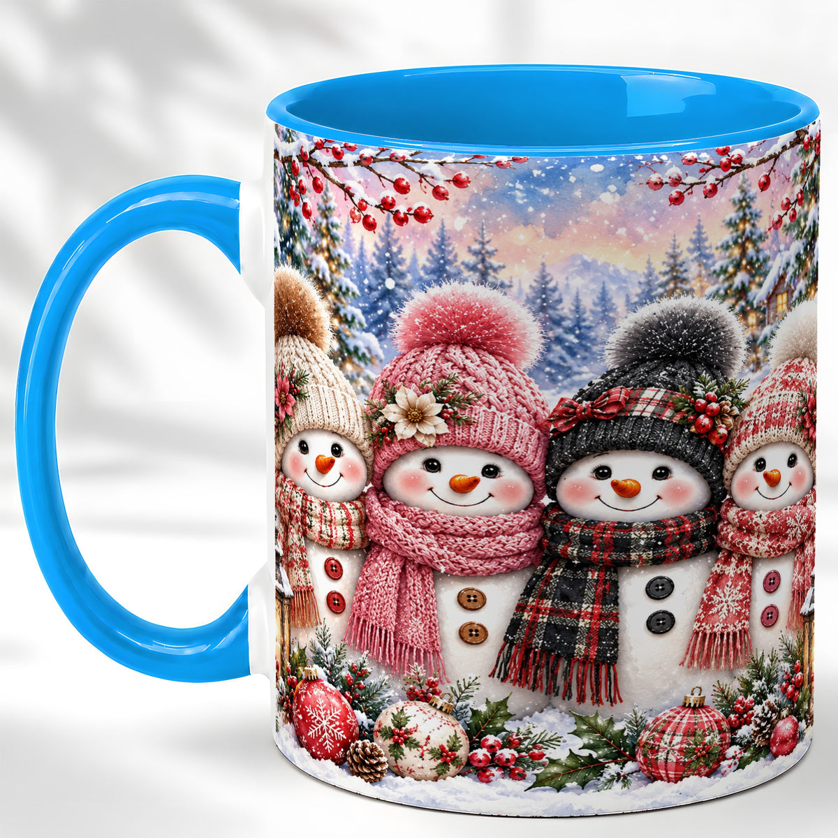 #pl[11oz|Blue] Cozy Snowman Coffee Mug, Plaid Winter Friends Mug, Ceramic Cup