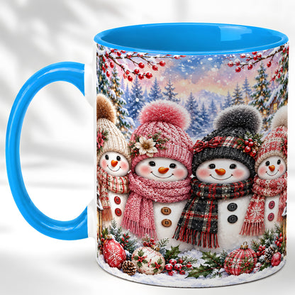 #pl[11oz|Blue] Cozy Snowman Coffee Mug, Plaid Winter Friends Mug, Ceramic Cup