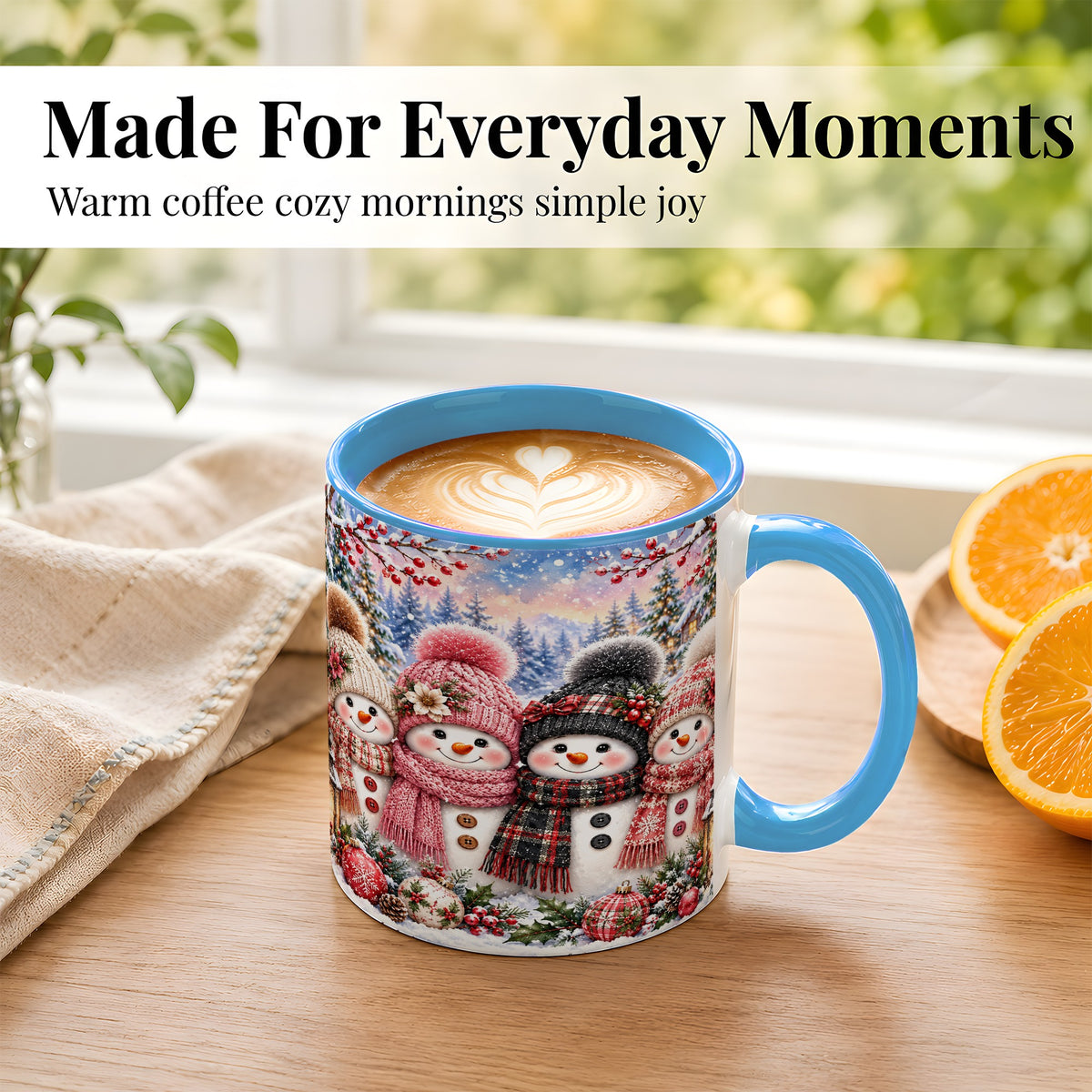 #pl[11oz|Blue] Cozy Snowman Coffee Mug, Plaid Winter Friends Mug, Ceramic Cup