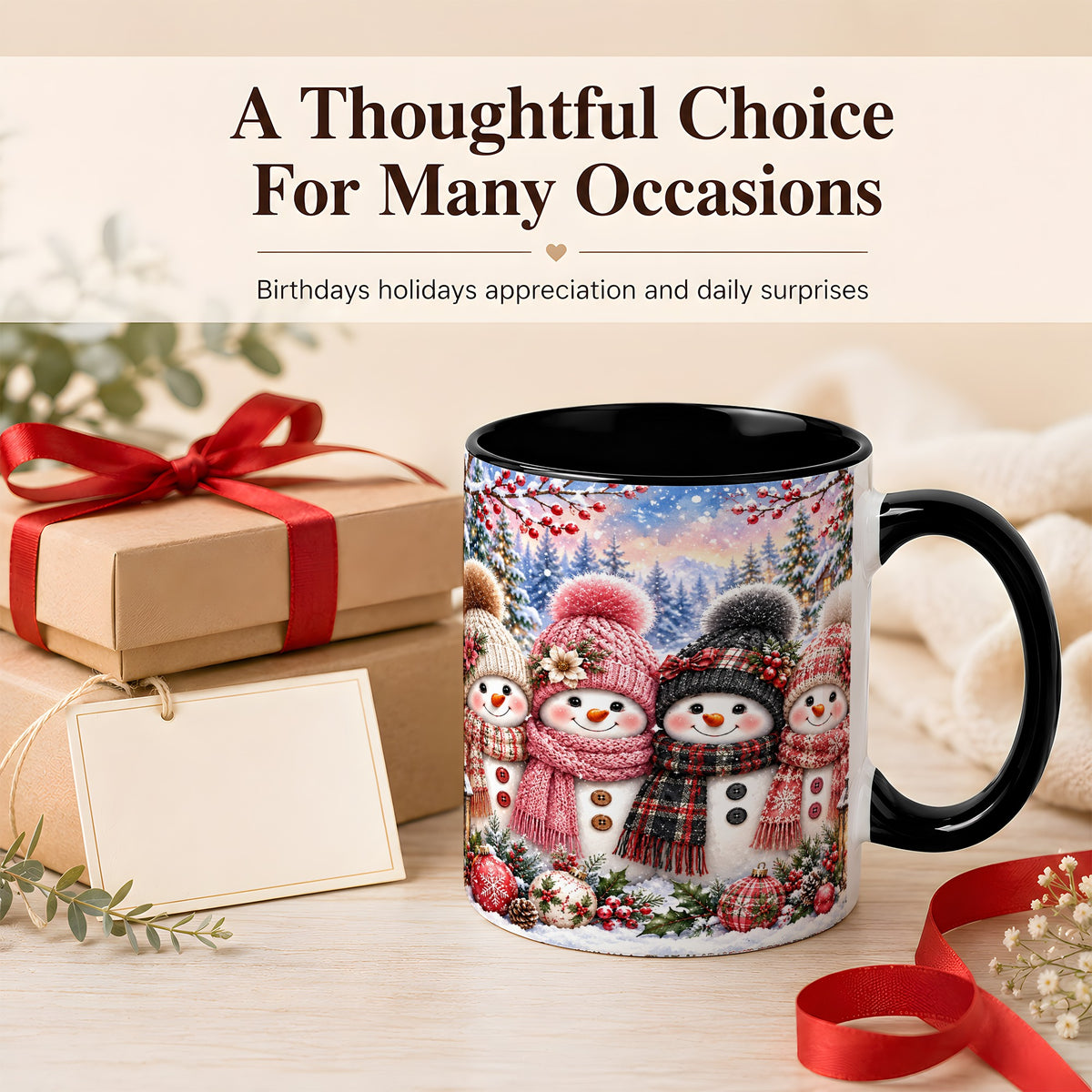 #pl[11oz|Black] Cozy Snowman Coffee Mug, Plaid Winter Friends Mug, Ceramic Cup
