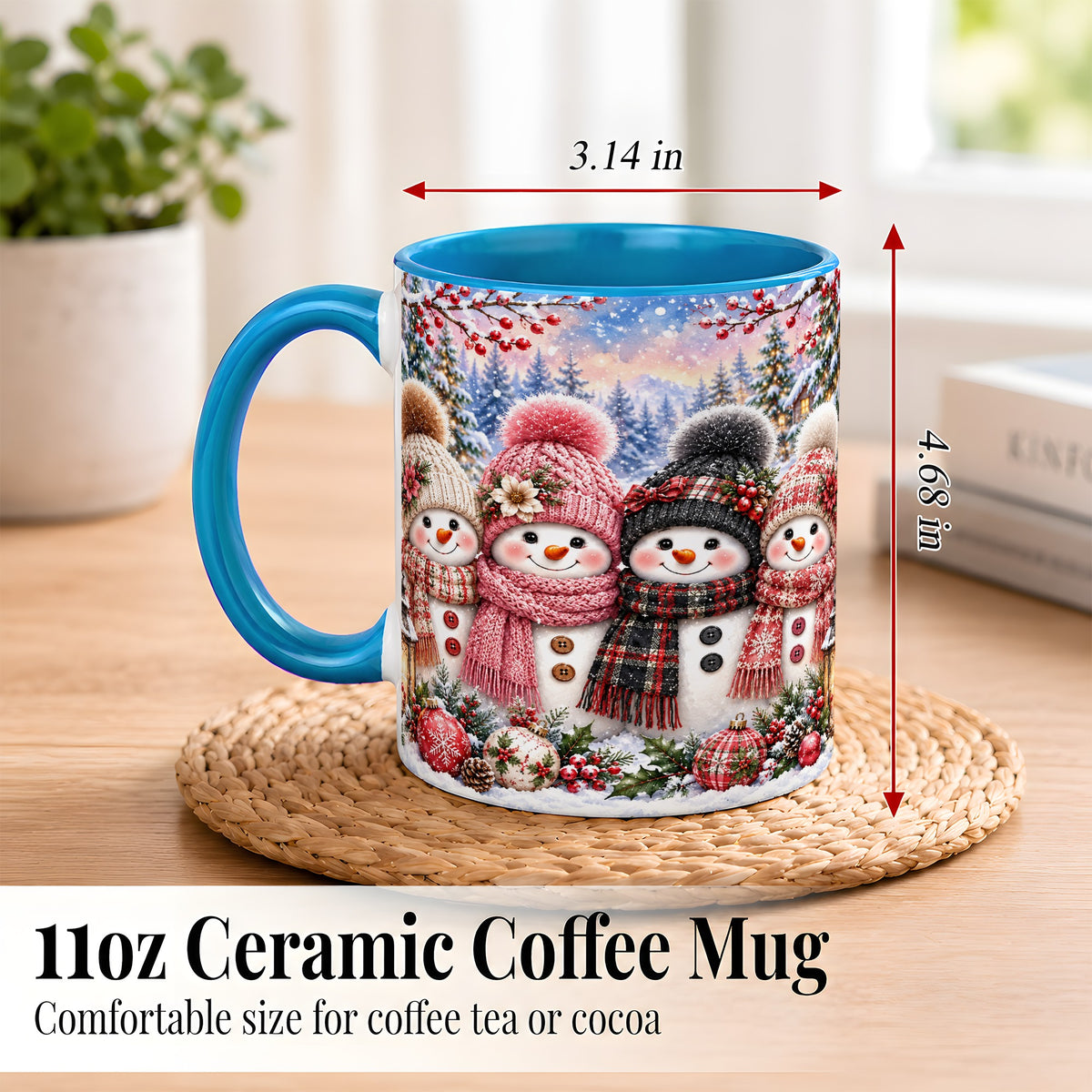 #pl[11oz|Blue] Cozy Snowman Coffee Mug, Plaid Winter Friends Mug, Ceramic Cup