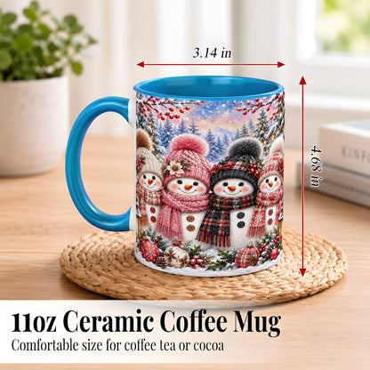 #pl[11oz|Blue] Cozy Snowman Coffee Mug, Plaid Winter Friends Mug, Ceramic Cup
