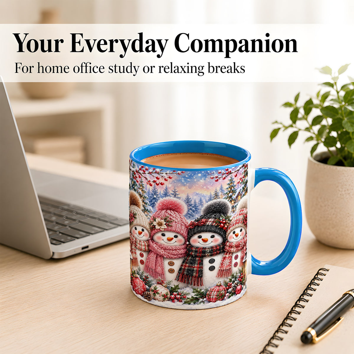 #pl[11oz|Blue] Cozy Snowman Coffee Mug, Plaid Winter Friends Mug, Ceramic Cup