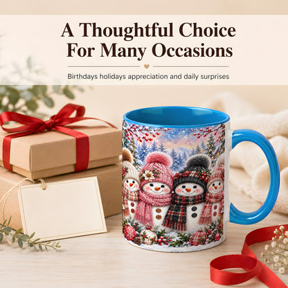 #pl[11oz|Blue] Cozy Snowman Coffee Mug, Plaid Winter Friends Mug, Ceramic Cup