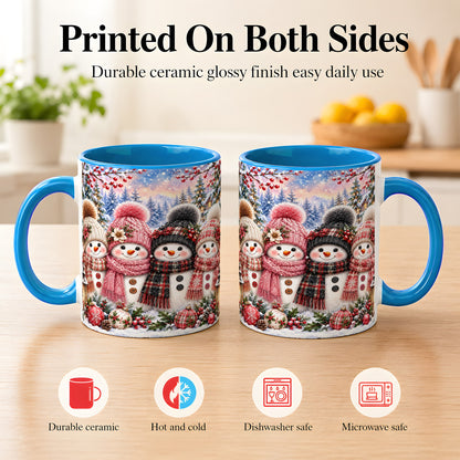 #pl[11oz|Blue] Cozy Snowman Coffee Mug, Plaid Winter Friends Mug, Ceramic Cup