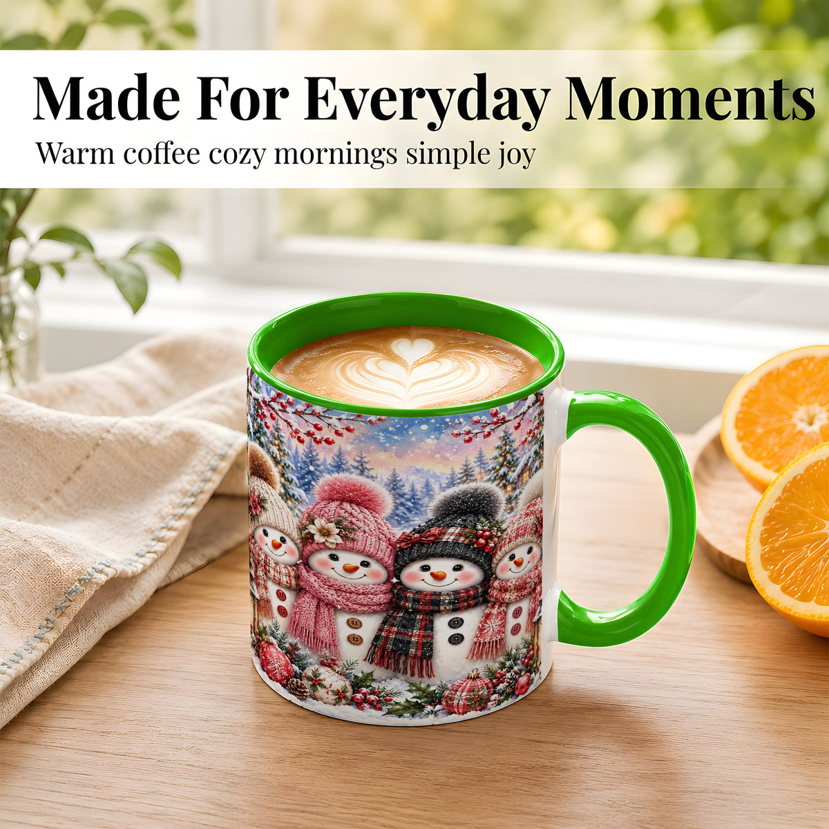 #pl[11oz|Green] Cozy Snowman Coffee Mug, Plaid Winter Friends Mug, Ceramic Cup