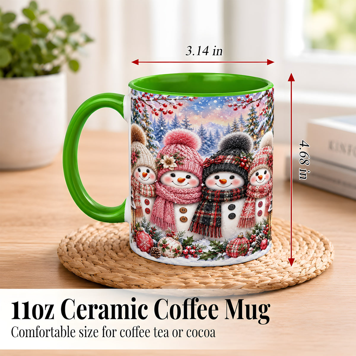 #pl[11oz|Green] Cozy Snowman Coffee Mug, Plaid Winter Friends Mug, Ceramic Cup