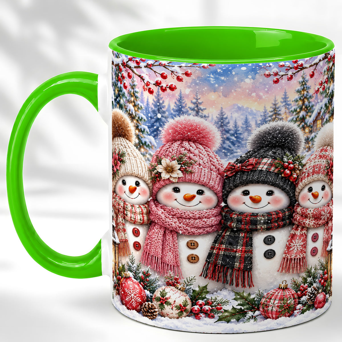 #pl[11oz|Green] Cozy Snowman Coffee Mug, Plaid Winter Friends Mug, Ceramic Cup
