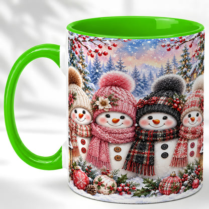 #pl[11oz|Green] Cozy Snowman Coffee Mug, Plaid Winter Friends Mug, Ceramic Cup