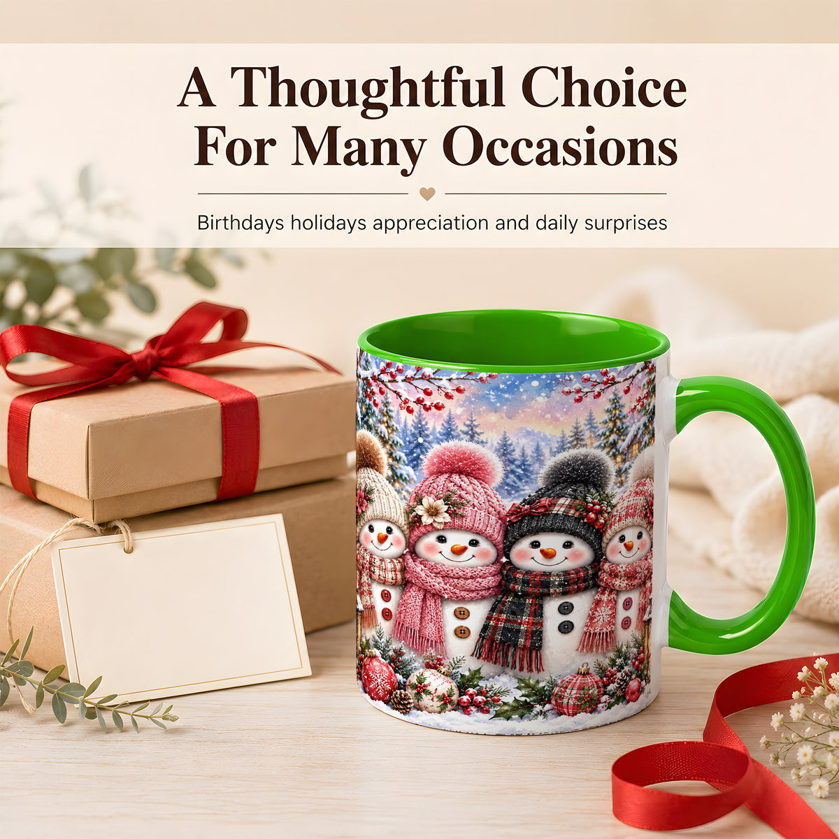 #pl[11oz|Green] Cozy Snowman Coffee Mug, Plaid Winter Friends Mug, Ceramic Cup