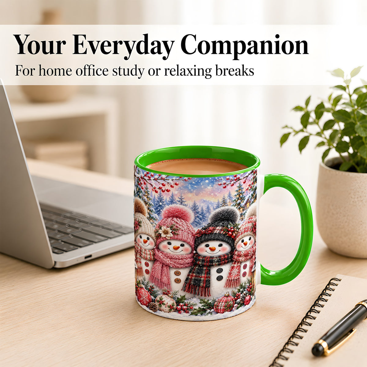 #pl[11oz|Green] Cozy Snowman Coffee Mug, Plaid Winter Friends Mug, Ceramic Cup