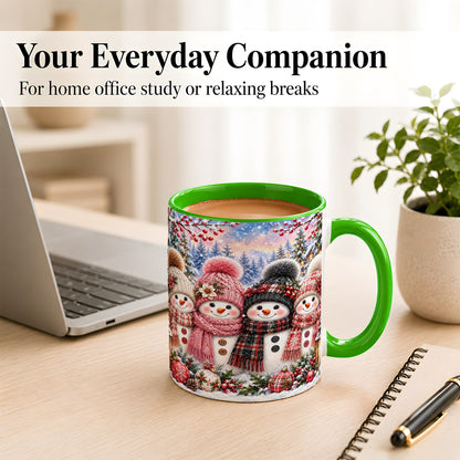 #pl[11oz|Green] Cozy Snowman Coffee Mug, Plaid Winter Friends Mug, Ceramic Cup