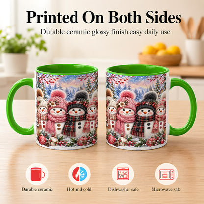 #pl[11oz|Green] Cozy Snowman Coffee Mug, Plaid Winter Friends Mug, Ceramic Cup