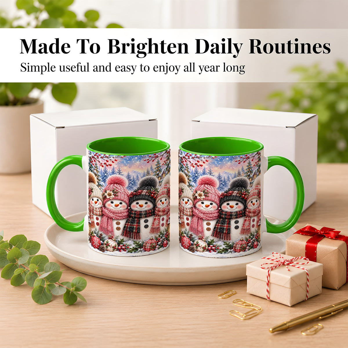 #pl[11oz|Green] Cozy Snowman Coffee Mug, Plaid Winter Friends Mug, Ceramic Cup
