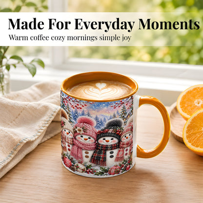 #pl[11oz|Orange] Cozy Snowman Coffee Mug, Plaid Winter Friends Mug, Ceramic Cup