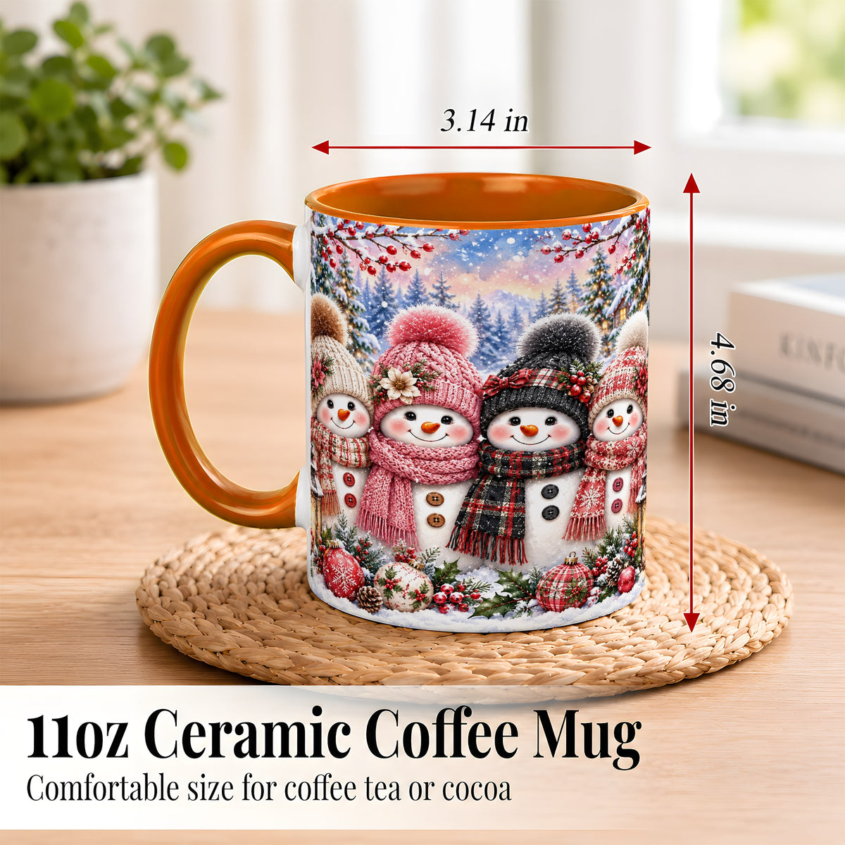 #pl[11oz|Orange] Cozy Snowman Coffee Mug, Plaid Winter Friends Mug, Ceramic Cup