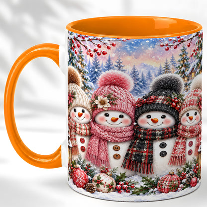 #pl[11oz|Orange] Cozy Snowman Coffee Mug, Plaid Winter Friends Mug, Ceramic Cup