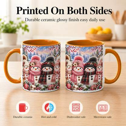 #pl[11oz|Orange] Cozy Snowman Coffee Mug, Plaid Winter Friends Mug, Ceramic Cup