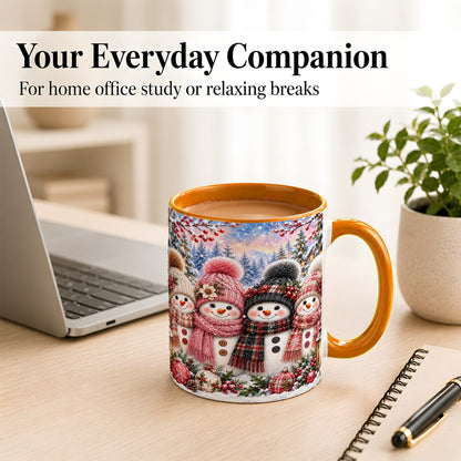 #pl[11oz|Orange] Cozy Snowman Coffee Mug, Plaid Winter Friends Mug, Ceramic Cup