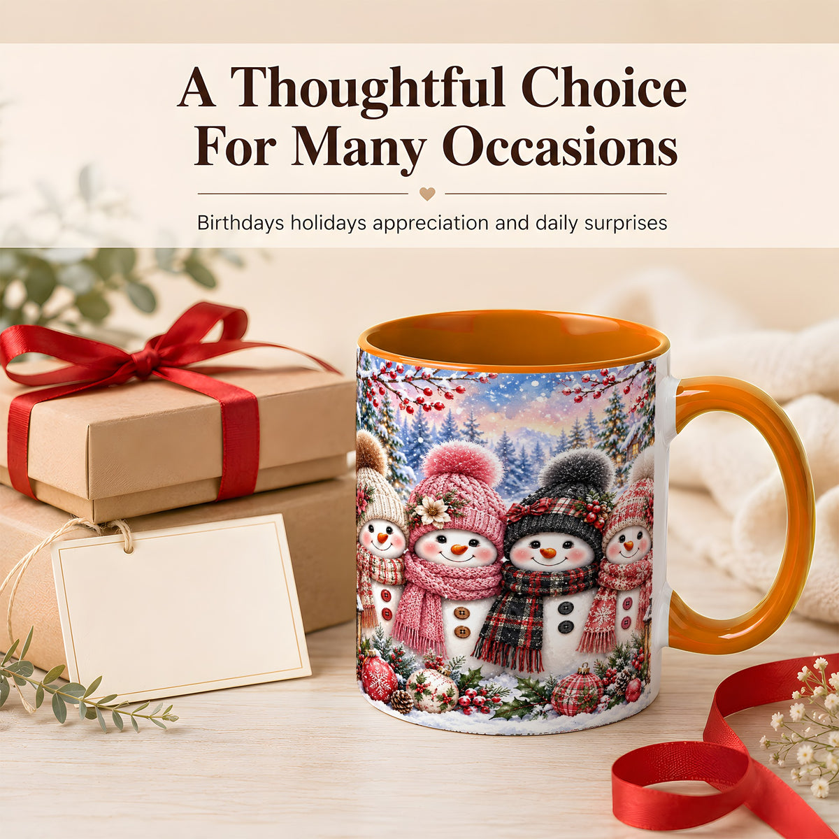 #pl[11oz|Orange] Cozy Snowman Coffee Mug, Plaid Winter Friends Mug, Ceramic Cup