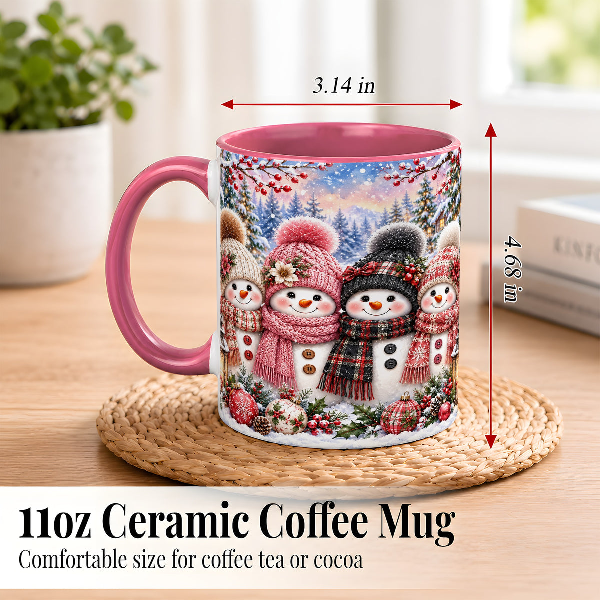 #pl[11oz|Pink] Cozy Snowman Coffee Mug, Plaid Winter Friends Mug, Ceramic Cup