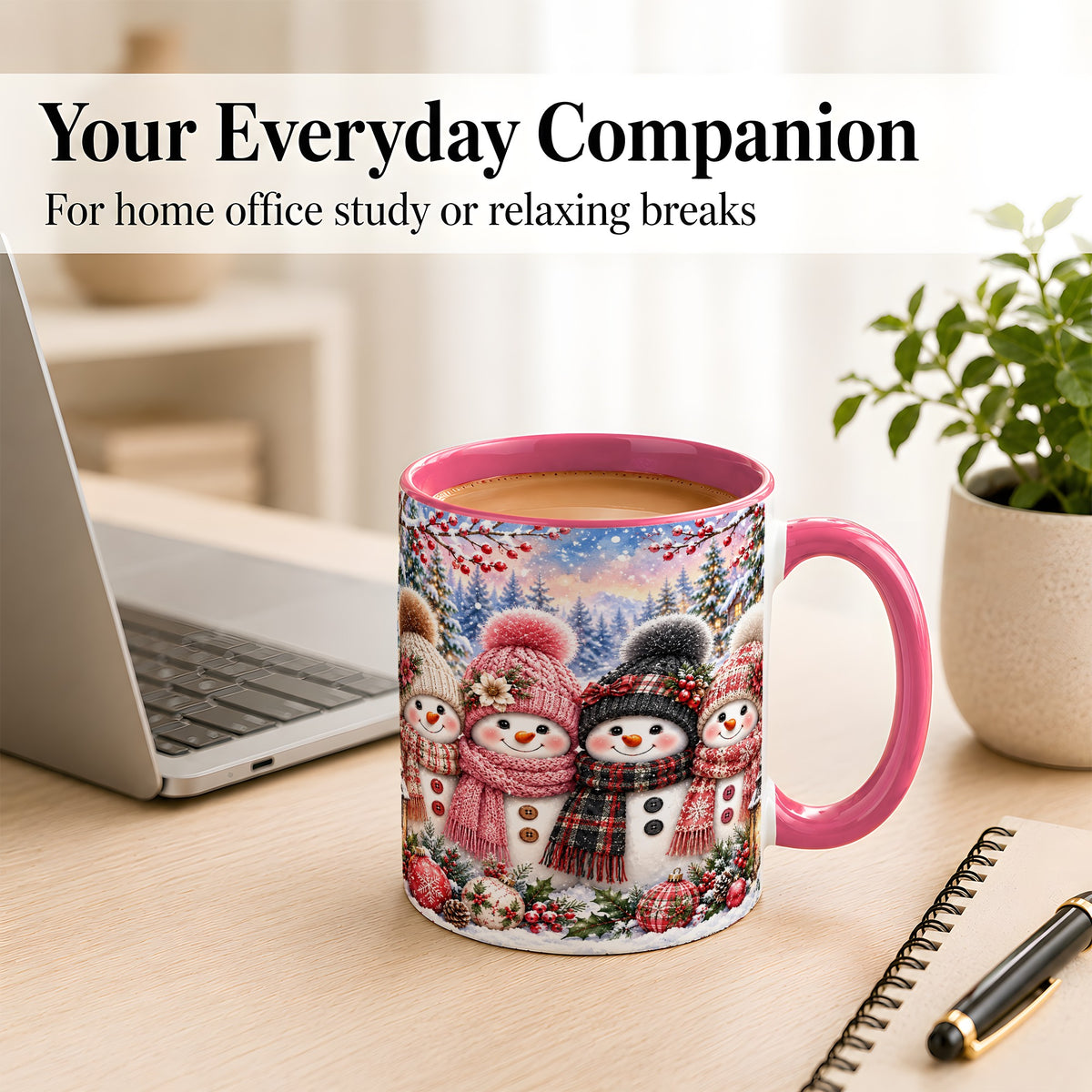 #pl[11oz|Pink] Cozy Snowman Coffee Mug, Plaid Winter Friends Mug, Ceramic Cup
