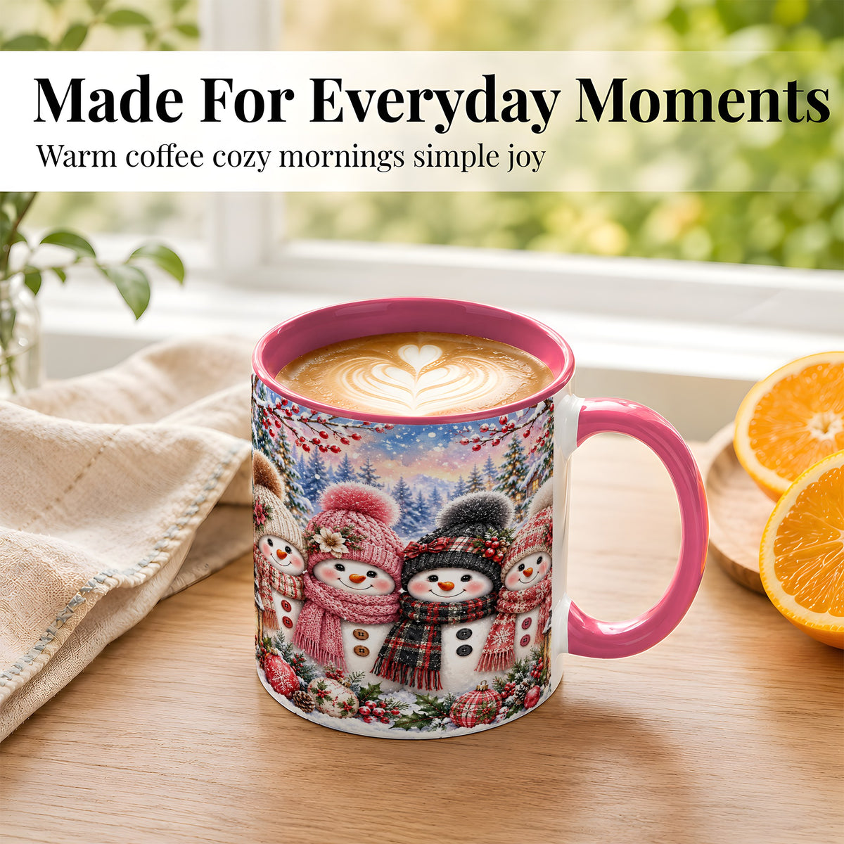 #pl[11oz|Pink] Cozy Snowman Coffee Mug, Plaid Winter Friends Mug, Ceramic Cup