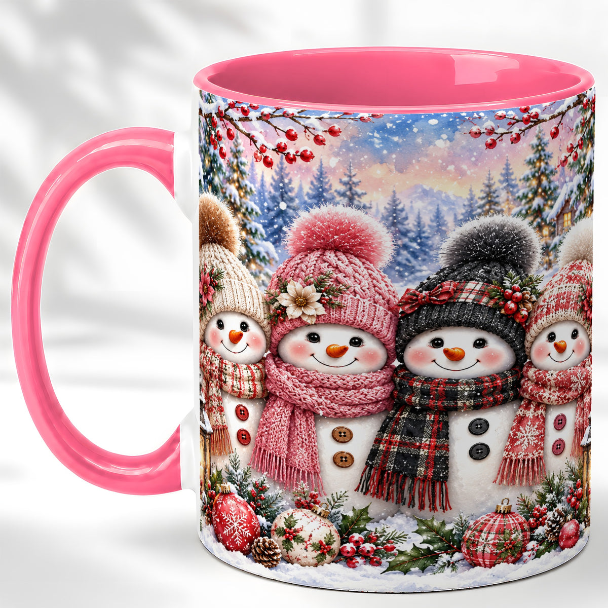 #pl[11oz|Pink] Cozy Snowman Coffee Mug, Plaid Winter Friends Mug, Ceramic Cup