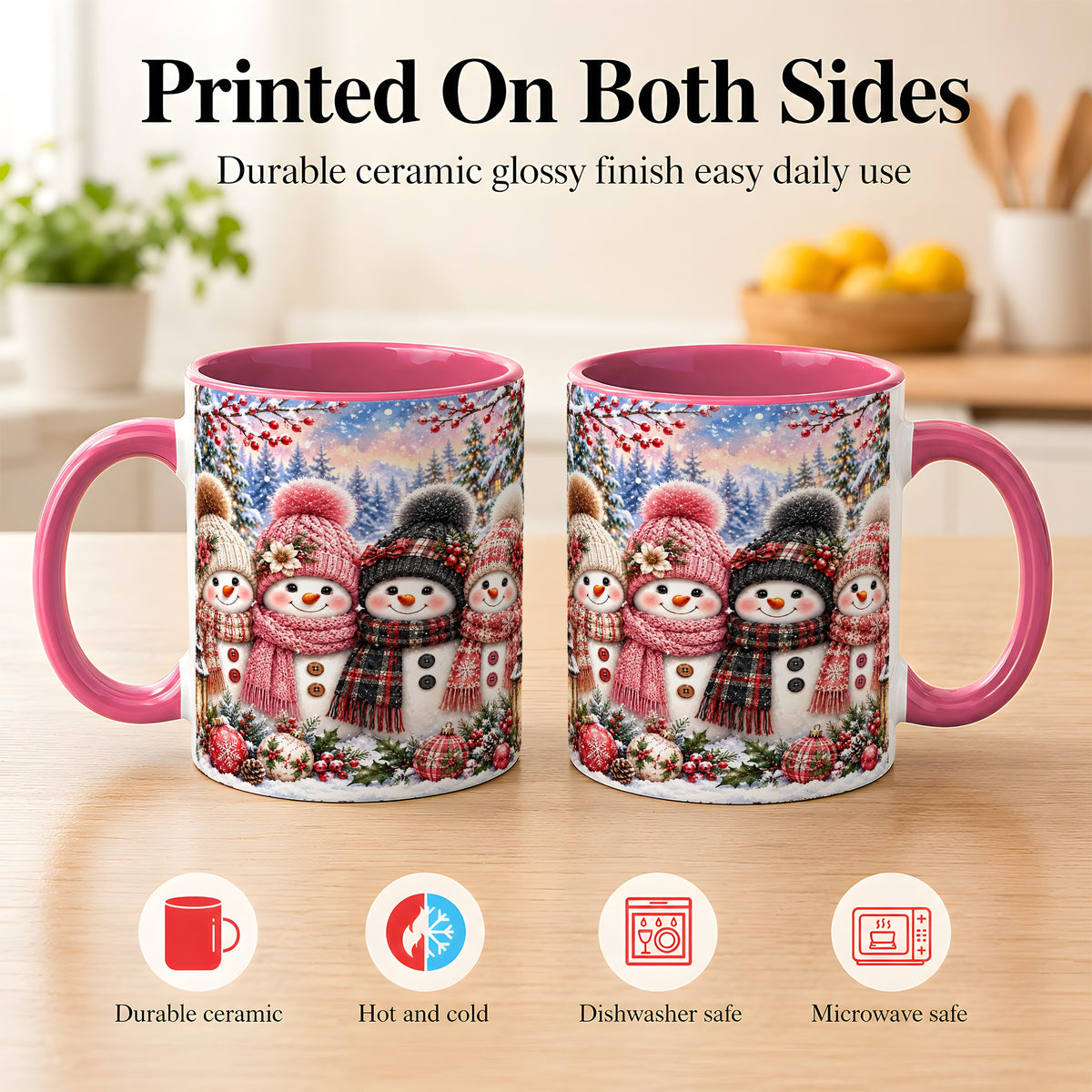 #pl[11oz|Pink] Cozy Snowman Coffee Mug, Plaid Winter Friends Mug, Ceramic Cup