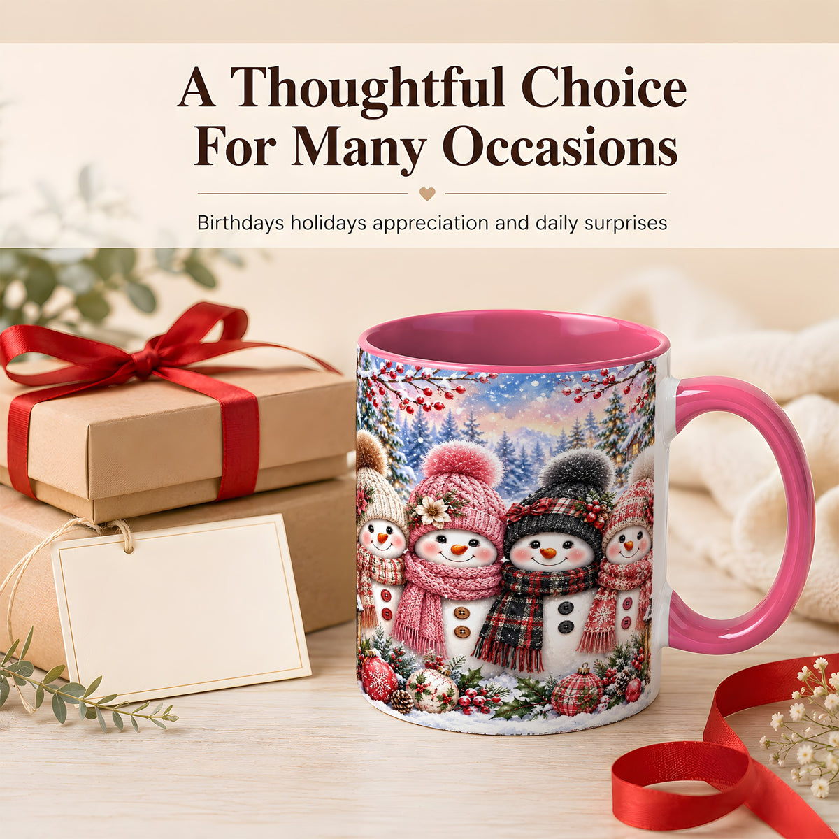 #pl[11oz|Pink] Cozy Snowman Coffee Mug, Plaid Winter Friends Mug, Ceramic Cup
