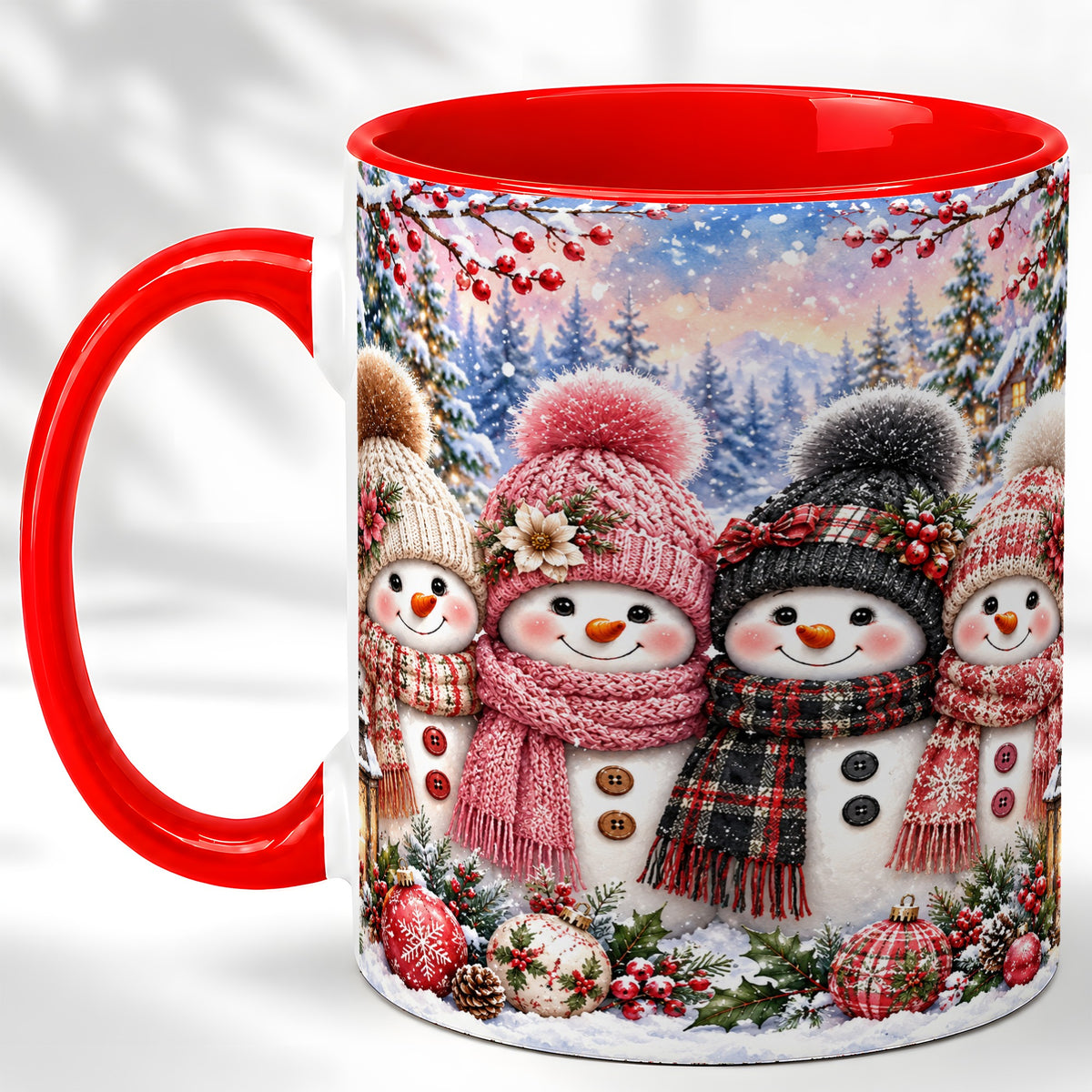 Cozy Snowman Coffee Mug, Plaid Winter Friends Mug, Ceramic Cup