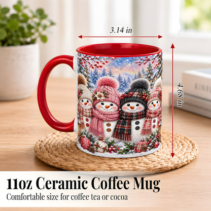 #pl[11oz|Red] Cozy Snowman Coffee Mug, Plaid Winter Friends Mug, Ceramic Cup