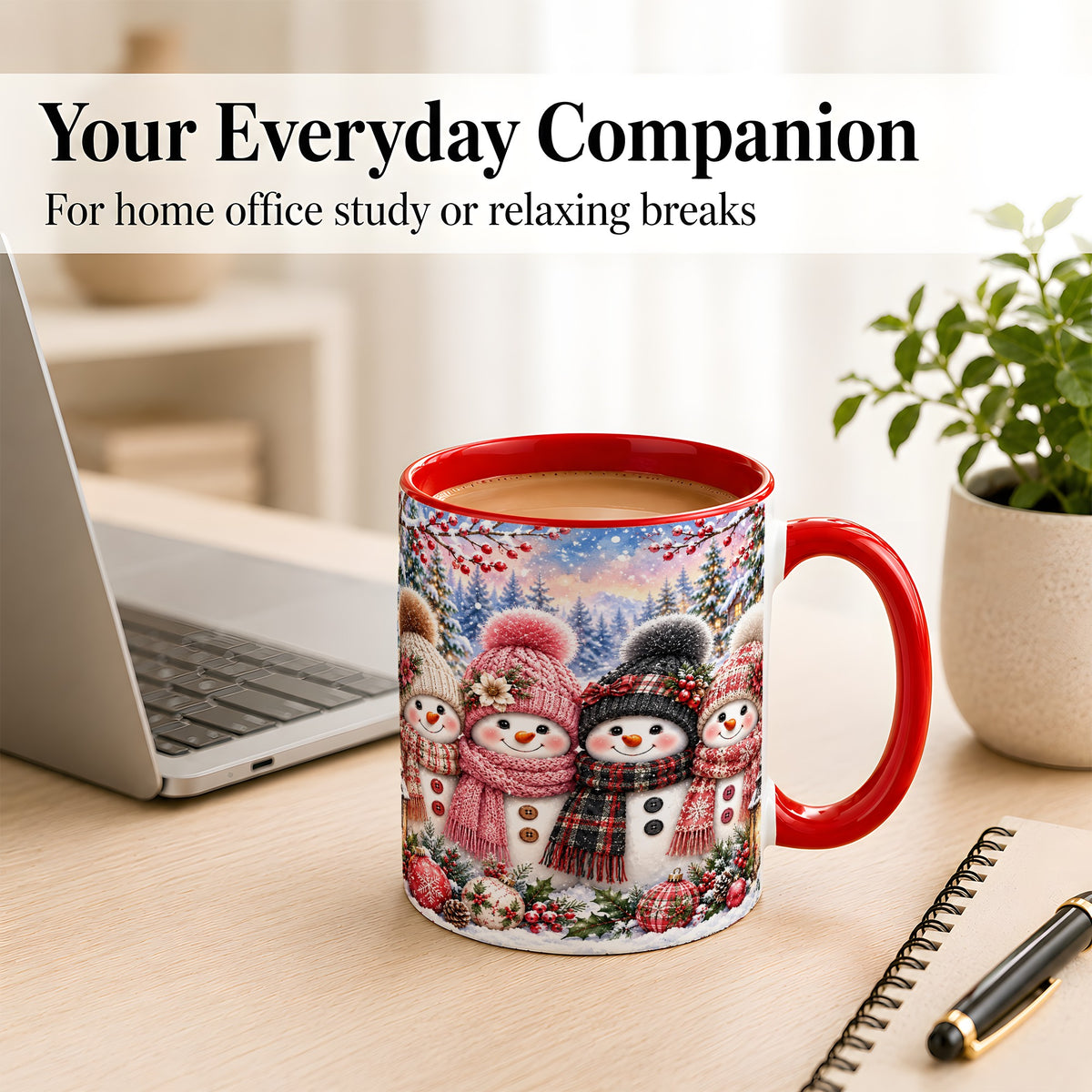 #pl[11oz|Red] Cozy Snowman Coffee Mug, Plaid Winter Friends Mug, Ceramic Cup