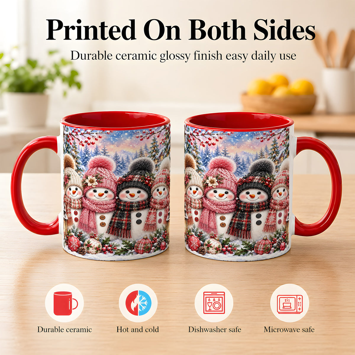 #pl[11oz|Red] Cozy Snowman Coffee Mug, Plaid Winter Friends Mug, Ceramic Cup