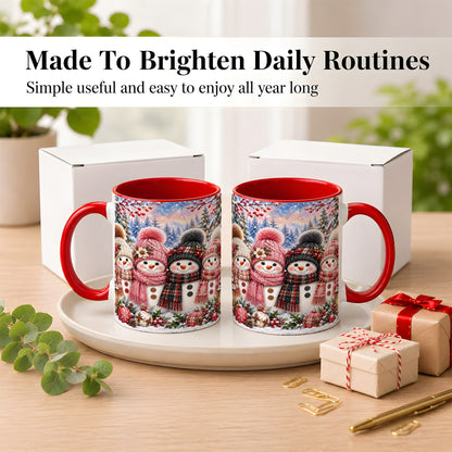 #pl[11oz|Red] Cozy Snowman Coffee Mug, Plaid Winter Friends Mug, Ceramic Cup