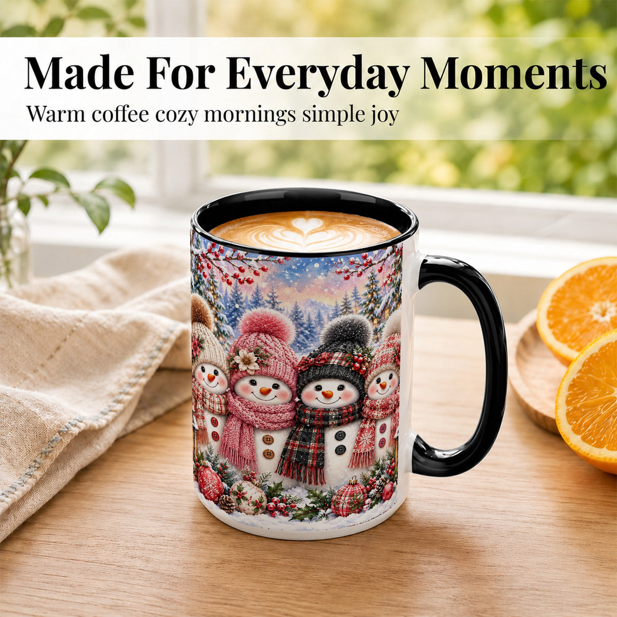 #pl[15oz|Black] Cozy Snowman Coffee Mug, Plaid Winter Friends Mug, Ceramic Cup
