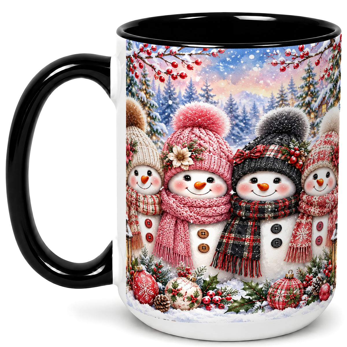 #pl[15oz|Black] Cozy Snowman Coffee Mug, Plaid Winter Friends Mug, Ceramic Cup