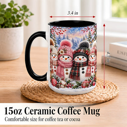 #pl[15oz|Black] Cozy Snowman Coffee Mug, Plaid Winter Friends Mug, Ceramic Cup