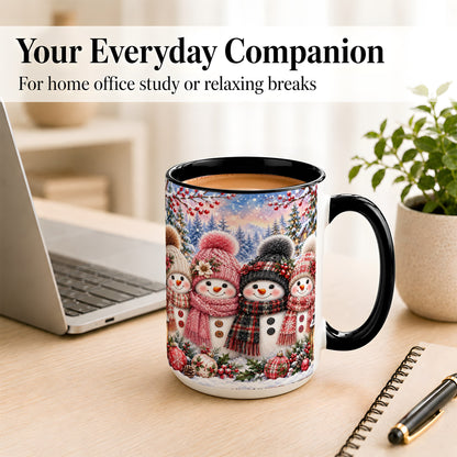 #pl[15oz|Black] Cozy Snowman Coffee Mug, Plaid Winter Friends Mug, Ceramic Cup