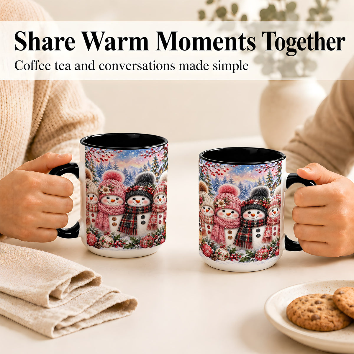 #pl[15oz|Black] Cozy Snowman Coffee Mug, Plaid Winter Friends Mug, Ceramic Cup