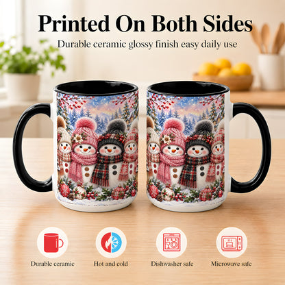 #pl[15oz|Black] Cozy Snowman Coffee Mug, Plaid Winter Friends Mug, Ceramic Cup