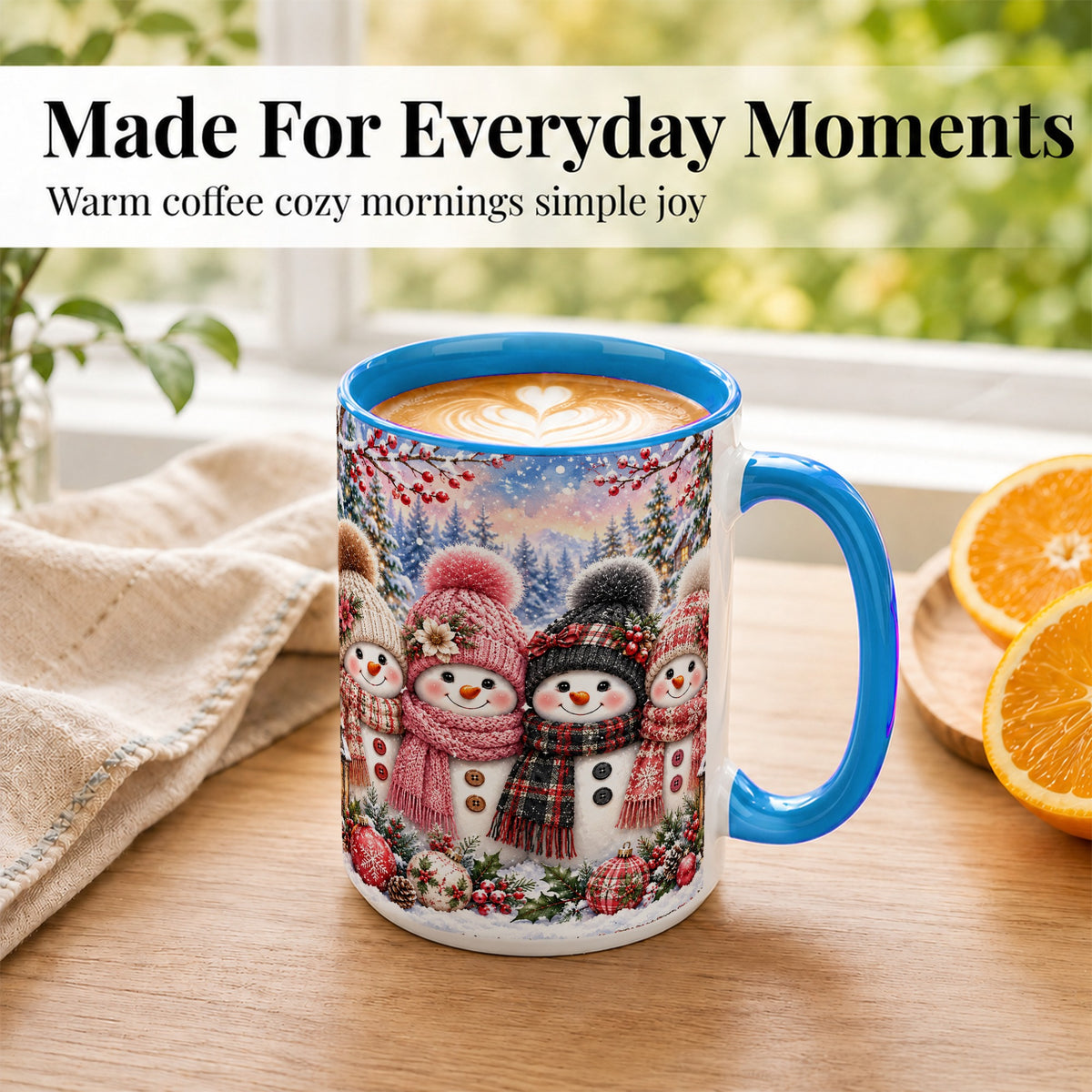 #pl[15oz|Blue] Cozy Snowman Coffee Mug, Plaid Winter Friends Mug, Ceramic Cup